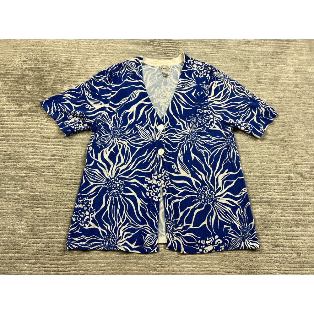 Chico's Cardigan Women Size 2 Blue Floral Short Sleeve V-Neck Button Front Knit